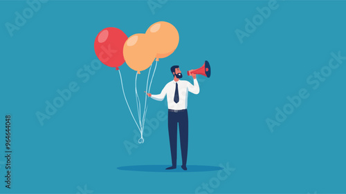 Communication or PR, Public Relations manager to communicate company information and media, announce sales or promotion concept, businessman holding speech bubble balloons while talking on megaphone.