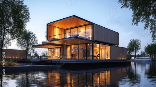 High-resolution rendering of a container house with a spacious first floor and indoor balcony, surrounded by water town architecture, illuminated softly