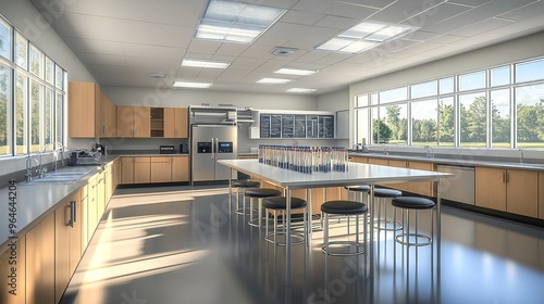 High school science lab with natural light, modern design, and stainless steel appliances