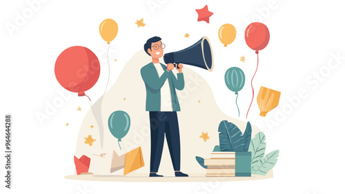 Communication or PR, Public Relations manager to communicate company information and media, announce sales or promotion concept, businessman holding speech bubble balloons while talking on megaphone.