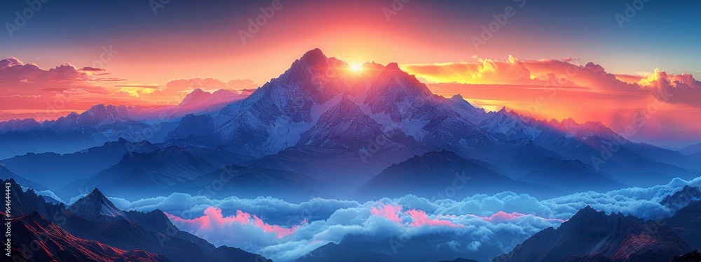 Caucasus Peaks: A dramatic shot of snow-capped mountains under a vibrant sunrise. Caucasus Peaks: A dramatic shot of snow-capped mountains under a vibrant sunrise.