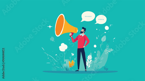 Communication or PR, Public Relations manager to communicate company information and media, announce sales or promotion concept, businessman holding speech bubble balloons while talking on megaphone.