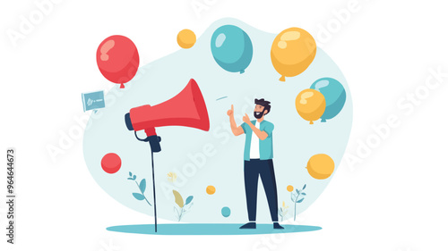 Communication or PR, Public Relations manager to communicate company information and media, announce sales or promotion concept, businessman holding speech bubble balloons while talking on megaphone.