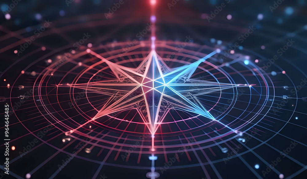 A holographic nautical compass on top of glowing lines representing network communication with sparkles of light in blue and red tones A holographic nautical compass on top of glowing lines representing network communication with sparkles of light in blue and red tones