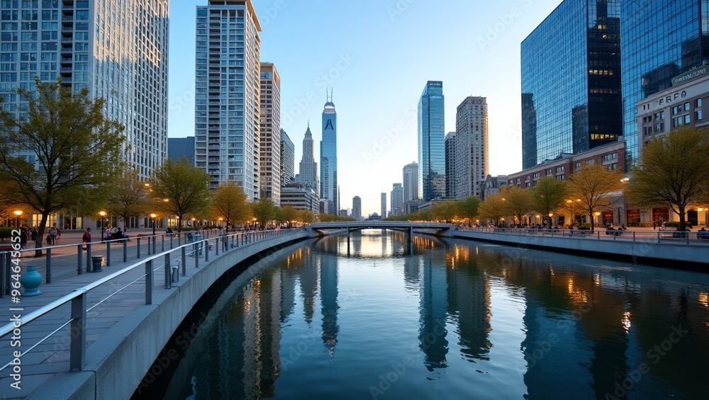 Urban riverwalk with skyscrapers mirrored in water modern cityscape high resolution professional photo Urban riverwalk with skyscrapers mirrored in water modern cityscape high resolution professional photo
