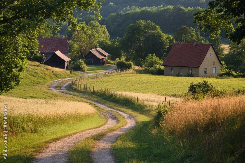 A peaceful country road leads through green fields and rural homes. The scenery captures the beauty of nature and tranquility. Ideal for landscape lovers. Generative AI A peaceful country road leads through green fields and rural homes. The scenery captures the beauty of nature and tranquility. Ideal for landscape lovers. Generative AI