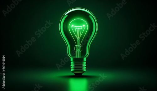 Green holographic glowing lightbulb with copy space.