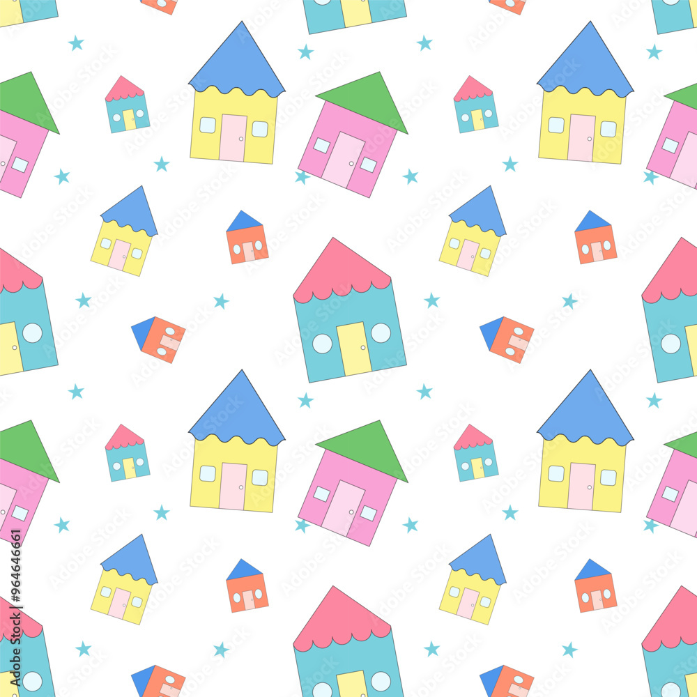 Seamless pattern with colorful house.Cute houses repeat pattern isolated on white.Geometric vector graphic illustration background. Seamless pattern with colorful house.Cute houses repeat pattern isolated on white.Geometric vector graphic illustration background.