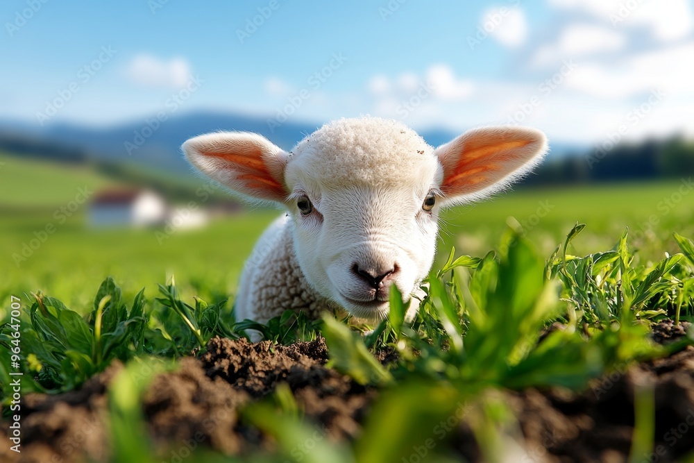 Fototapeta premium Easter lamb grazing in a field as a symbol of peace and new beginnings in the gentle springtime air