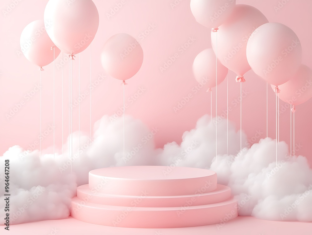 3d Mock up Pink pastel podium with soft clouds and balloon elements. Pedestal stage for baby product presentation. Dreamy scene for advertising. Sale promotion background. 3d Mock up Pink pastel podium with soft clouds and balloon elements. Pedestal stage for baby product presentation. Dreamy scene for advertising. Sale promotion background.