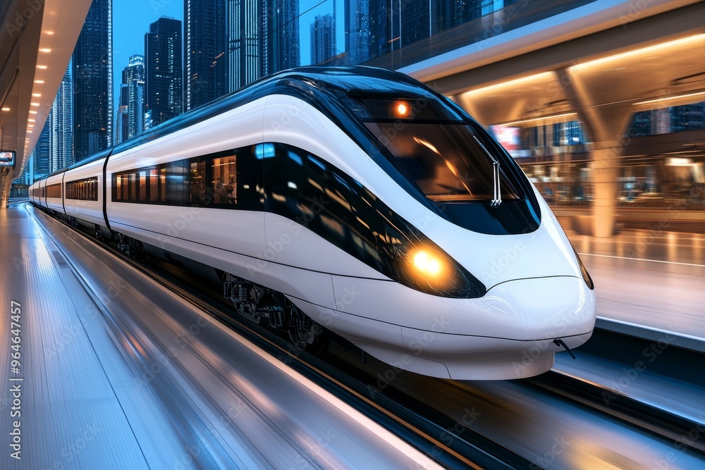 Electric engine driving a high-speed train, smoothly gliding through a futuristic metropolitan area Electric engine driving a high-speed train, smoothly gliding through a futuristic metropolitan area