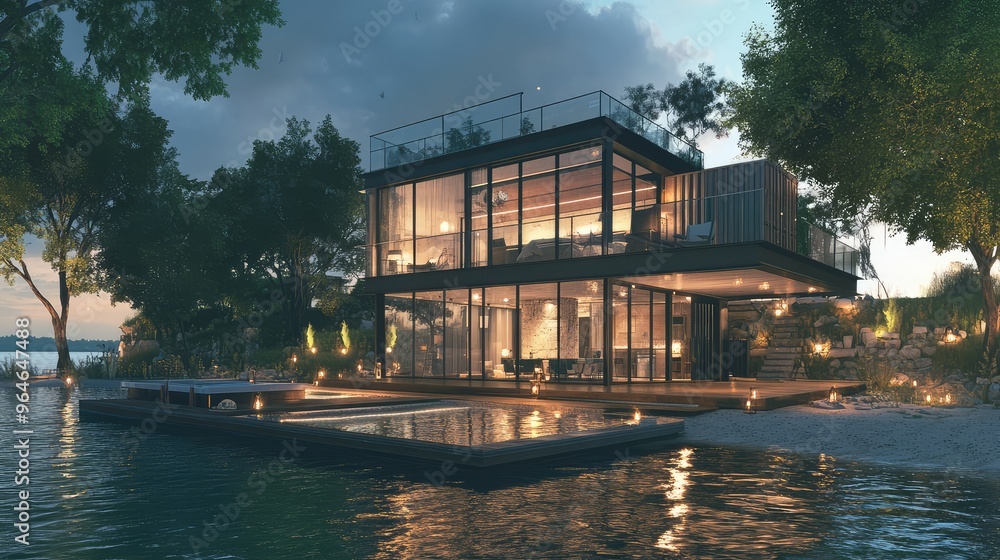 Two-story container home with large glass panels, surrounded by water town architecture, beautifully rendered with realistic lighting Two-story container home with large glass panels, surrounded by water town architecture, beautifully rendered with realistic lighting