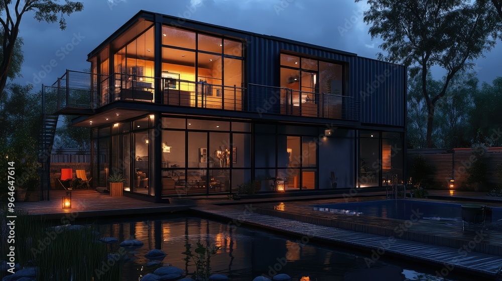 Obraz premium Two-story container house in a water town, featuring expansive windows and a second-story indoor balcony, rendered in high-definition at night