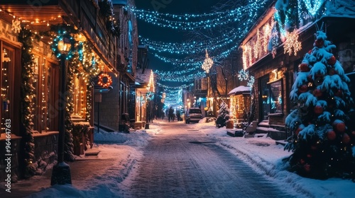 Wallpaper Mural Magical winter scene of a snow covered street adorned with festive lights and decorations, capturing the charm of a small town during the holiday season Torontodigital.ca