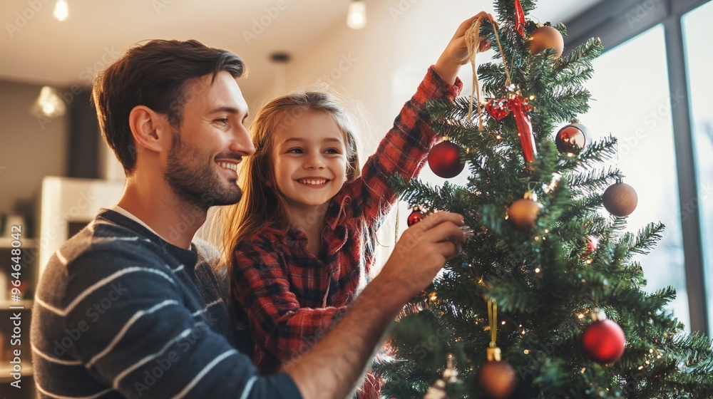 Family decorating Christmas tree together, smiling in a cozy home with warm lighting Family decorating Christmas tree together, smiling in a cozy home with warm lighting
