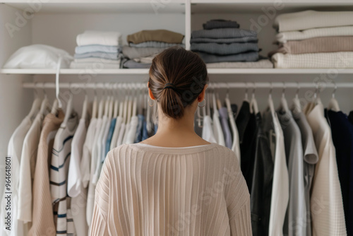 Young woman standing in front of open wardrobe with neatly folded and hung clothing. Clothes storage, clothing capsule wardrobe photo