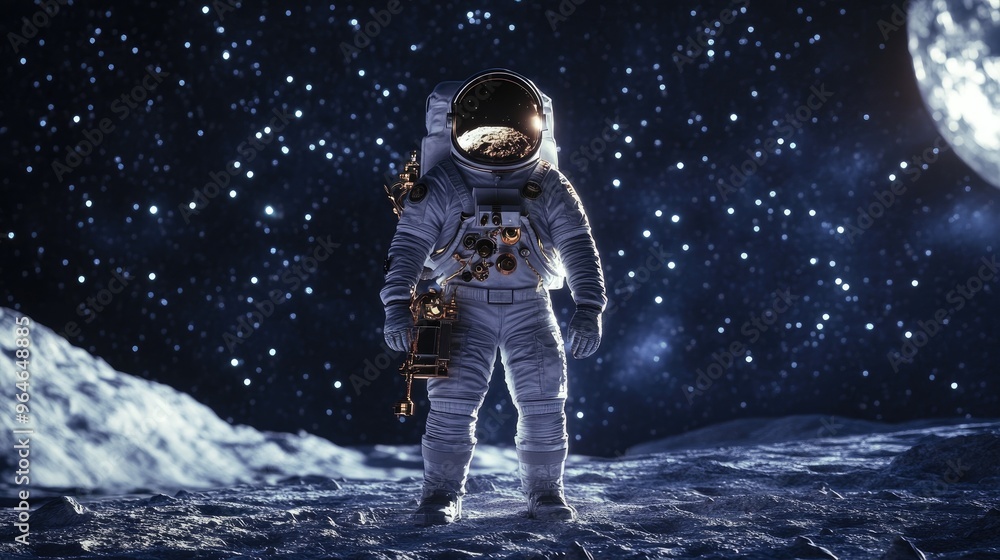 Astronaut Standing on a Lunar Surface with a Starry Sky Astronaut Standing on a Lunar Surface with a Starry Sky
