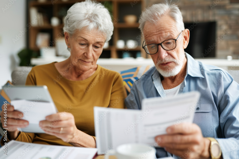 Elderly couple spouses reviewing their family budget, doing paperwork, paying domestic bills, calculating funds, taxes, choose electric at home Elderly couple spouses reviewing their family budget, doing paperwork, paying domestic bills, calculating funds, taxes, choose electric at home