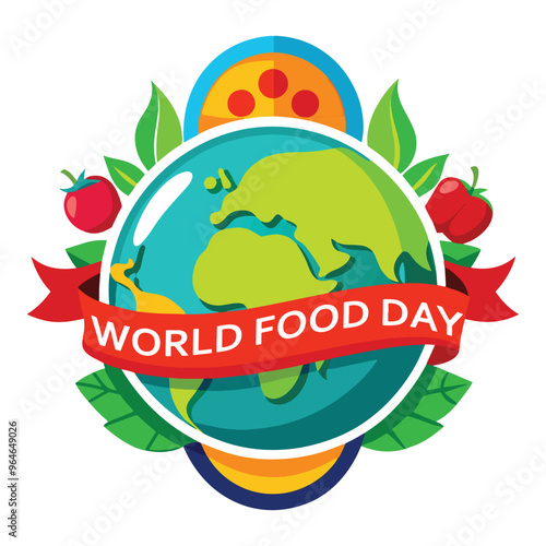 World Food Day 2024 Poster, Logo, and T-Shirt Design Featuring Colorful Globe with Fruits and Vegetables – Vibrant and Playful Design Download