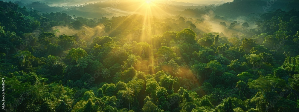 Obraz premium A vibrant scene of lush green rainforest with towering trees and diverse wildlife.