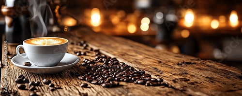 A serene coffee cup on a wooden table, surrounded by roasted beans and a warm, inviting atmosphere, perfect for cozy moments.