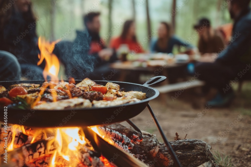 Happy Group of Mixed-Age Friends Enjoying Campfire-Cooked Meal During Glamping in Forest, Promoting Togetherness, Quality Food, and Nature Enjoyment in Relaxing Evening Atmosphere Happy Group of Mixed-Age Friends Enjoying Campfire-Cooked Meal During Glamping in Forest, Promoting Togetherness, Quality Food, and Nature Enjoyment in Relaxing Evening Atmosphere