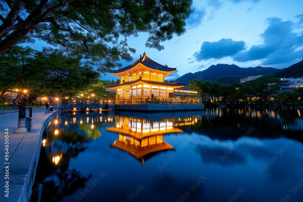 Golden Pavilion illuminated at night casting a serene glow over the water and the nearby trees, creating a mystical atmosphere Golden Pavilion illuminated at night casting a serene glow over the water and the nearby trees, creating a mystical atmosphere