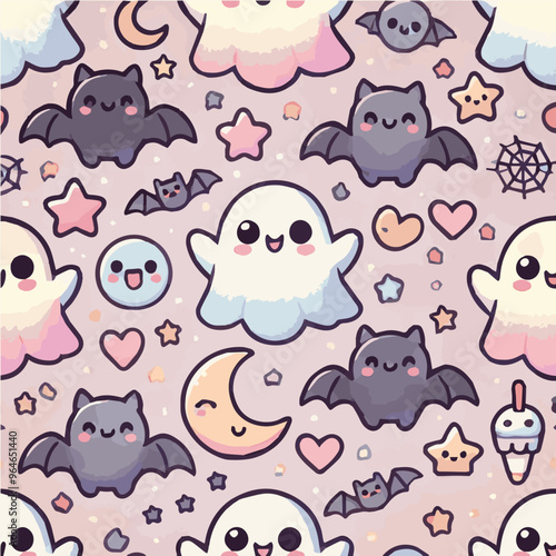 Vector seamless pattern of cute Halloween ghosts and bats