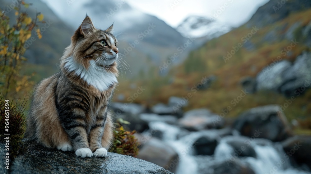 Fototapeta premium A majestic cat sits by a serene stream in a mountainous landscape.