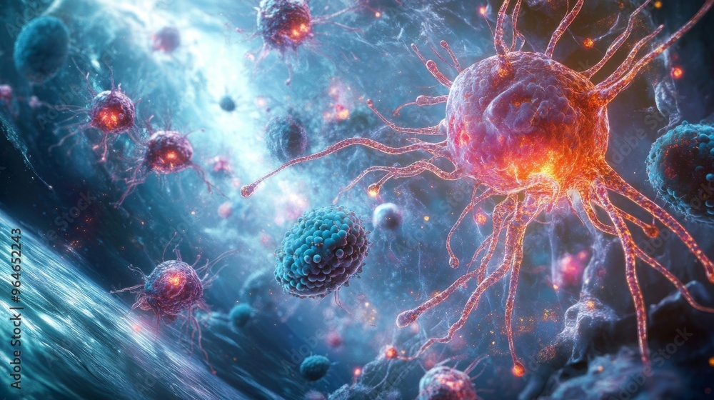 Microscopic Cancer Cells in Blue and Red Hues Microscopic Cancer Cells in Blue and Red Hues