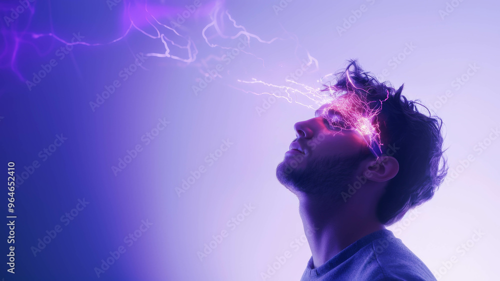 abstract image of the emergence of ideas in the human brain, man's head in profile abstract image of the emergence of ideas in the human brain, man's head in profile
