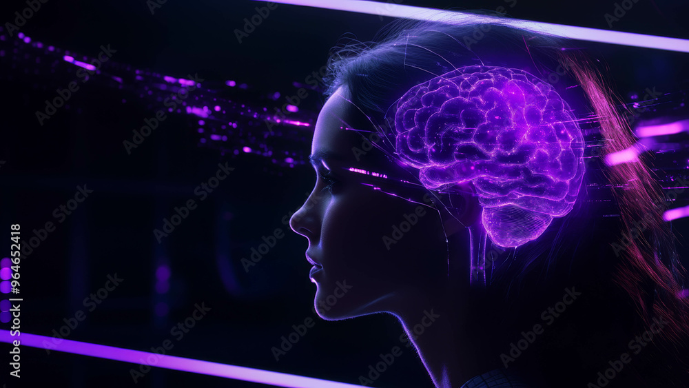 abstract image of neural connections in the human brain, woman's head in profile abstract image of neural connections in the human brain, woman's head in profile