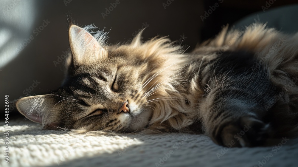A peaceful cat sleeping in sunlight on a cozy surface. A peaceful cat sleeping in sunlight on a cozy surface.
