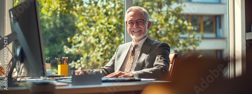 Sunny, a middle-aged male boss, sitting behind a desk enjoying the sunshine, smiling, there is a computer on the desk, office supplies, the desk is very clear, and the photography is HD photo