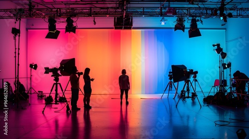 commercial video film movie making lighting set professional studio production big working people silhouette scenes behind television camera motion picture equipment crew photo light