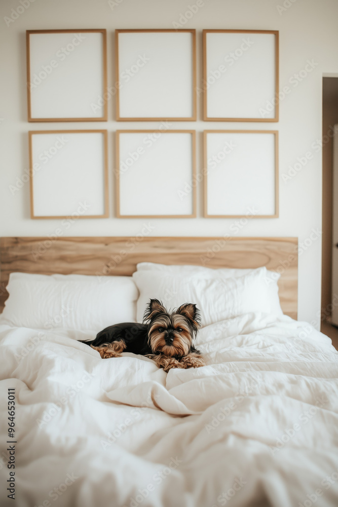 wabi-sabi styled master bedroom with 4 framed blank white canvas above headboard with black-tan Yorkie puppy on the bed. neat and organized bed interior view for artwork mockups wabi-sabi styled master bedroom with 4 framed blank white canvas above headboard with black-tan Yorkie puppy on the bed. neat and organized bed interior view for artwork mockups