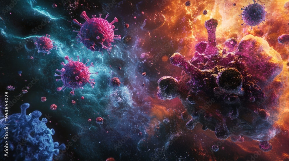 Cosmic Virus Pandemic 3D Rendering of Virus Particles in Space Cosmic Virus Pandemic 3D Rendering of Virus Particles in Space