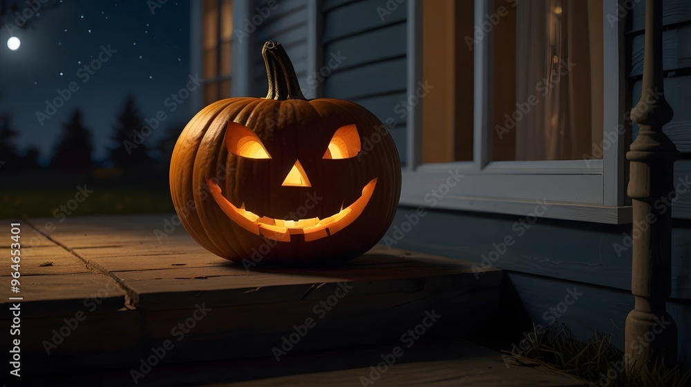 Fototapeta premium A photorealistic image of a carved pumpkin on a porch step, bathed in moonlight, perfect for Halloween