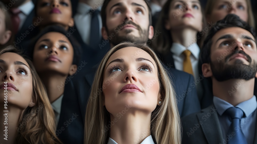A group of people look up at something, a blonde woman in the foreground is the focal point. A group of people look up at something, a blonde woman in the foreground is the focal point.