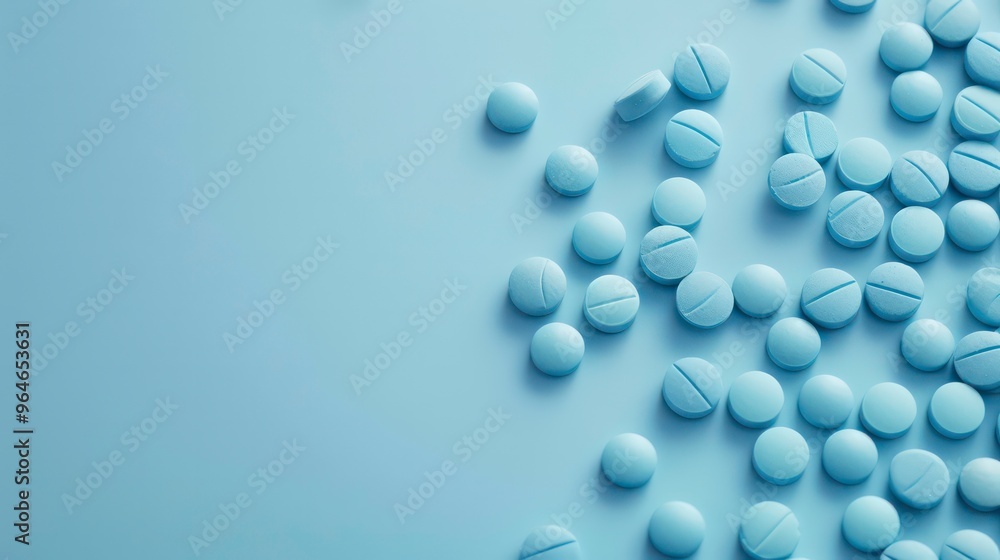 Blue round pills scattered on a blue background. Blue round pills scattered on a blue background.