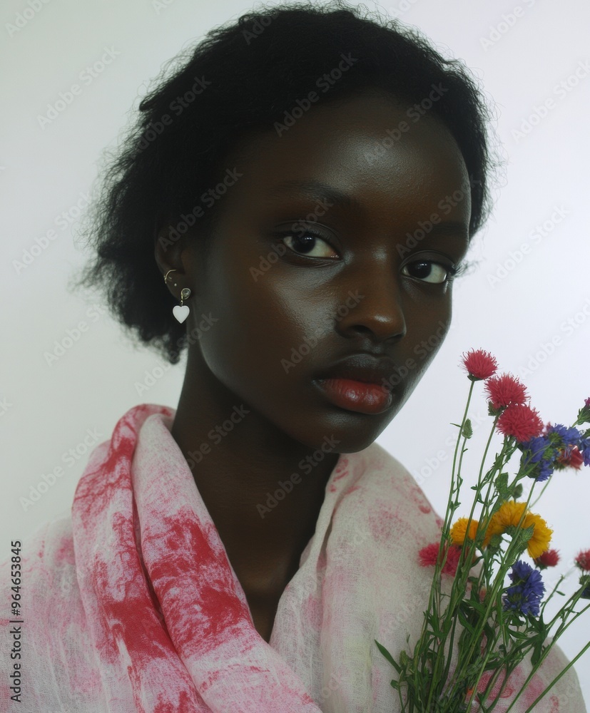 Fototapeta premium Young African Woman Holding Wildflower Bouquet on World Kindness Day, Soft Pastel Scarf, Heart-shaped Earrings, Bright White Background, Highlighting Natural Beauty and Compassion