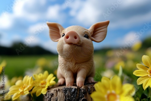 Kawaii cute figurine of a tiny piglet sitting in a field of flowers, its little nose twitching in curiosity