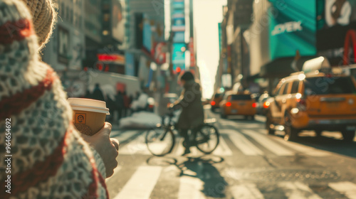 Pedestrian, New Yorkers and crowd, walking, biking, commuting to work, New York City Street in morning, evening in Downtown Manhattan buildings view. cloudy, winter, cold weather artsy cinematic film