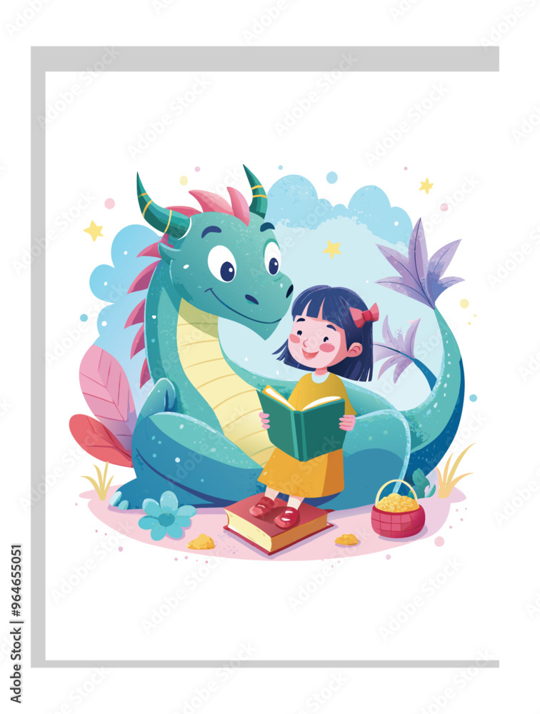 dragon and a little girl reading books together, Kids Book Cover dragon and a little girl reading books together, Kids Book Cover