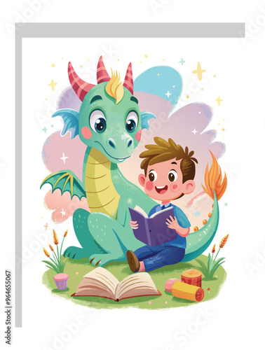 dragon and a little boy reading books together, Kids Book Cover