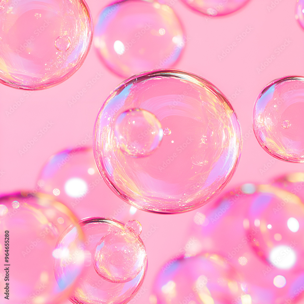 Beautiful soap bubbles on a pink background. Bubbles are transparent, with reflections of light, which gives them a shiny and festive look. Beautiful soap bubbles on a pink background. Bubbles are transparent, with reflections of light, which gives them a shiny and festive look.