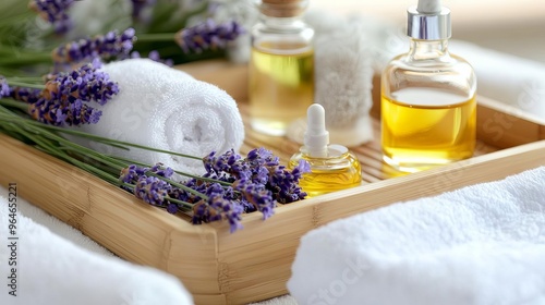 Close-up of a bamboo tray with fresh lavender, herbal oils, and soft towels in a spa