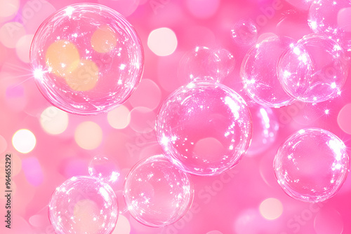 Beautiful transparent pink soap bubbles on a pink background. Volumetric transparent soap bubbles on a pink background.