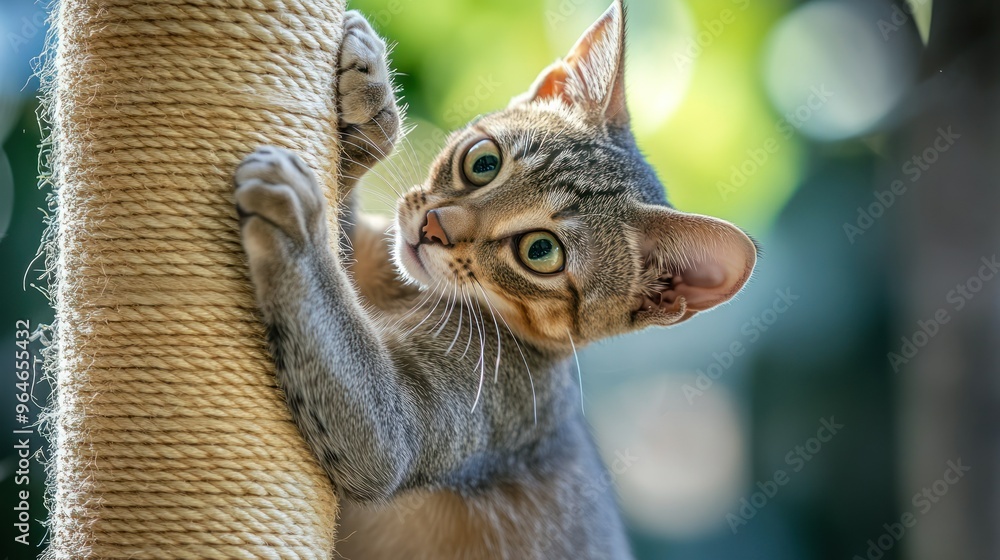 A playful cat climbing a scratching post in a sunny outdoor setting. A playful cat climbing a scratching post in a sunny outdoor setting.
