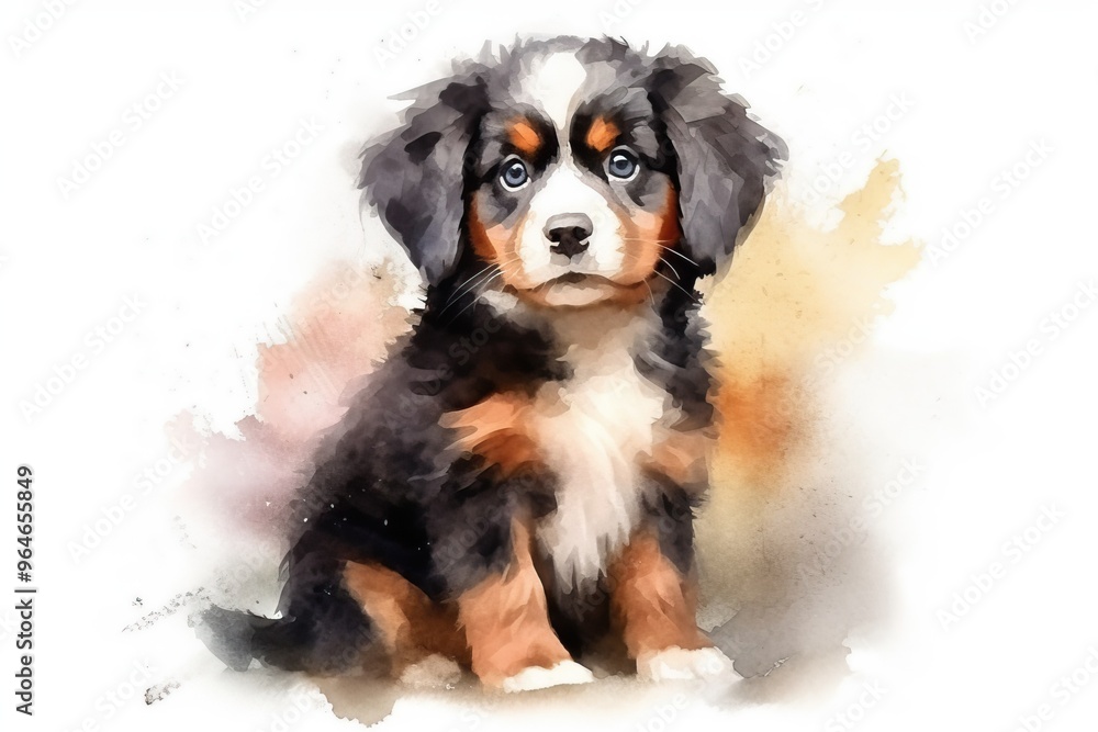Fototapeta premium Cute serbernard puppy on white background in watercolour style